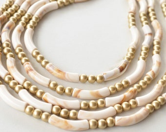 Ivory Beige Gold Beaded Statement Necklace, Acrylic Chunky Necklace, Necklace for Women - Tanya