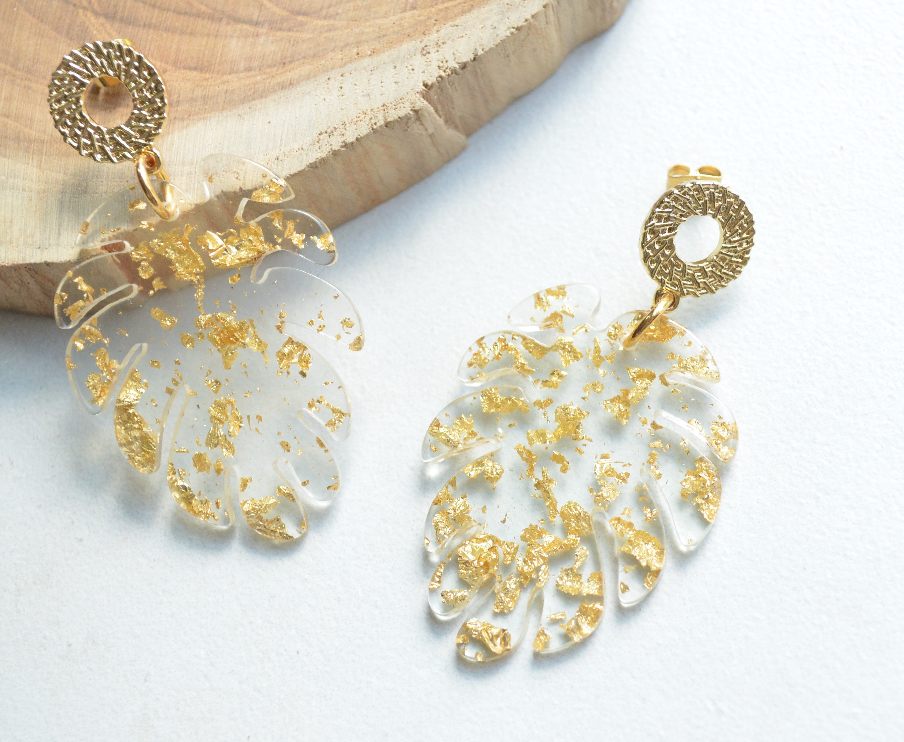 Gold Leaf Earrings Statement Earrings Lucite Big Earrings - Etsy