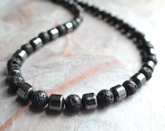 Mens Bead Necklace, Hematite Necklace, Man Necklace, Lava Rock Necklace - Jordan