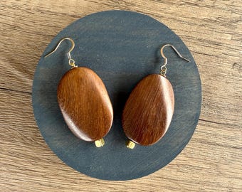 May include: A pair of drop earrings featuring smooth, oval-shaped dark brown wooden pendants. Each pendant is suspended from a gold-toned metal hook and accented with a small, square gold-toned metal bead at the bottom of the wood piece.