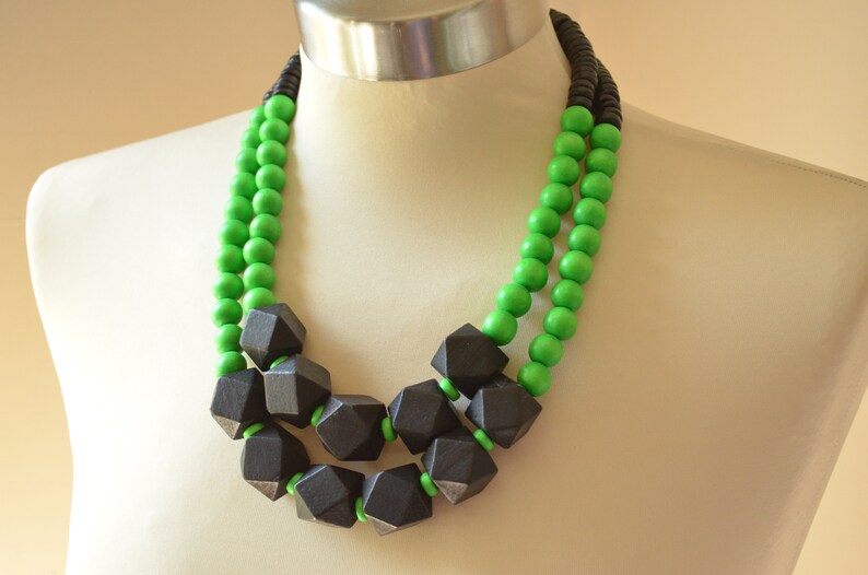 Green Black Statement Necklace Wood Beaded Necklace Multi Strand Chunky Necklace Riley