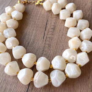 Ivory Acrylic Big Beaded Statement Necklace, Chunky Multi Strand Necklace - Ashley
