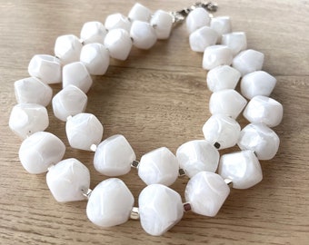 White Acrylic Big Beaded Statement Necklace, Chunky Jewelry - Ashley