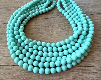 May include: A multi-strand necklace composed of numerous smooth, round, turquoise-colored beads. The beads are uniform in size and arranged in several concentric circular layers, creating a dense, layered appearance with a consistent matte finish.
