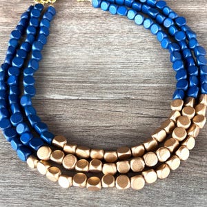 Blue Gold Wood Beaded Multi Strand Statement Necklace - Lisa image 3
