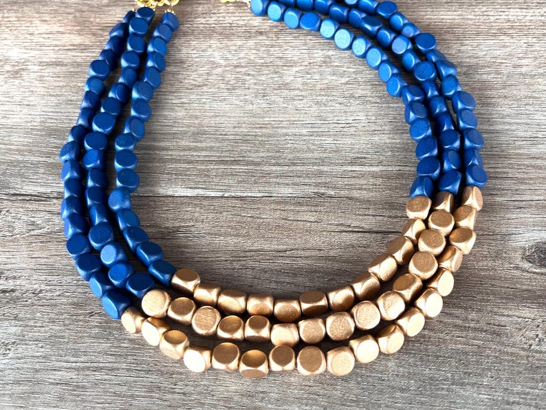 Blue Gold Wood Beaded Multi Strand Statement Necklace - Lisa image 3
