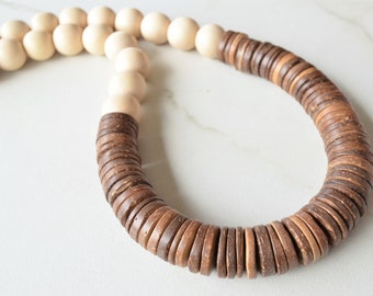 White Brown Statement Necklace, Long Wood Necklace, Chunky Bead Necklace, Gift For Her - Elena