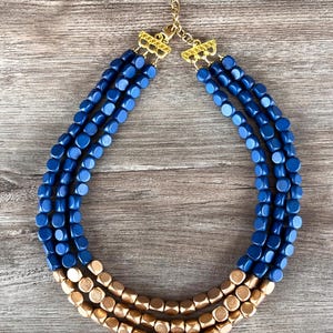 Blue Gold Wood Beaded Multi Strand Statement Necklace - Lisa image 5
