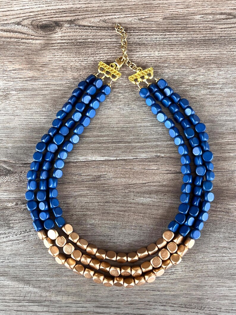 Blue Gold Wood Beaded Multi Strand Statement Necklace - Lisa image 5
