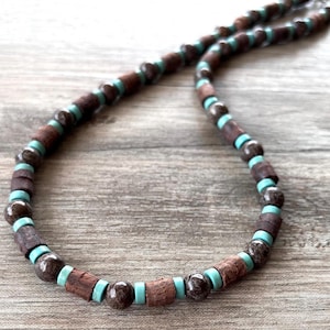 Brown Turquoise Wood Necklace, Gemstone Bead Necklace, Surfer Mens Necklace, Gift For Him - Saul