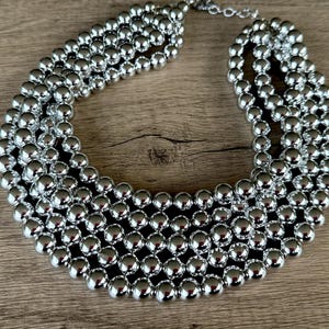 Silver Shiny Statement Necklace, Acrylic Beaded Necklace, Lucite Chunky Necklace, Gift For Her - Alana