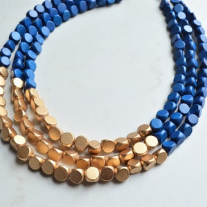 Blue Gold Statement Necklace, Wood Bead Necklace, Chunky Necklace, Gift For Her - Lisa