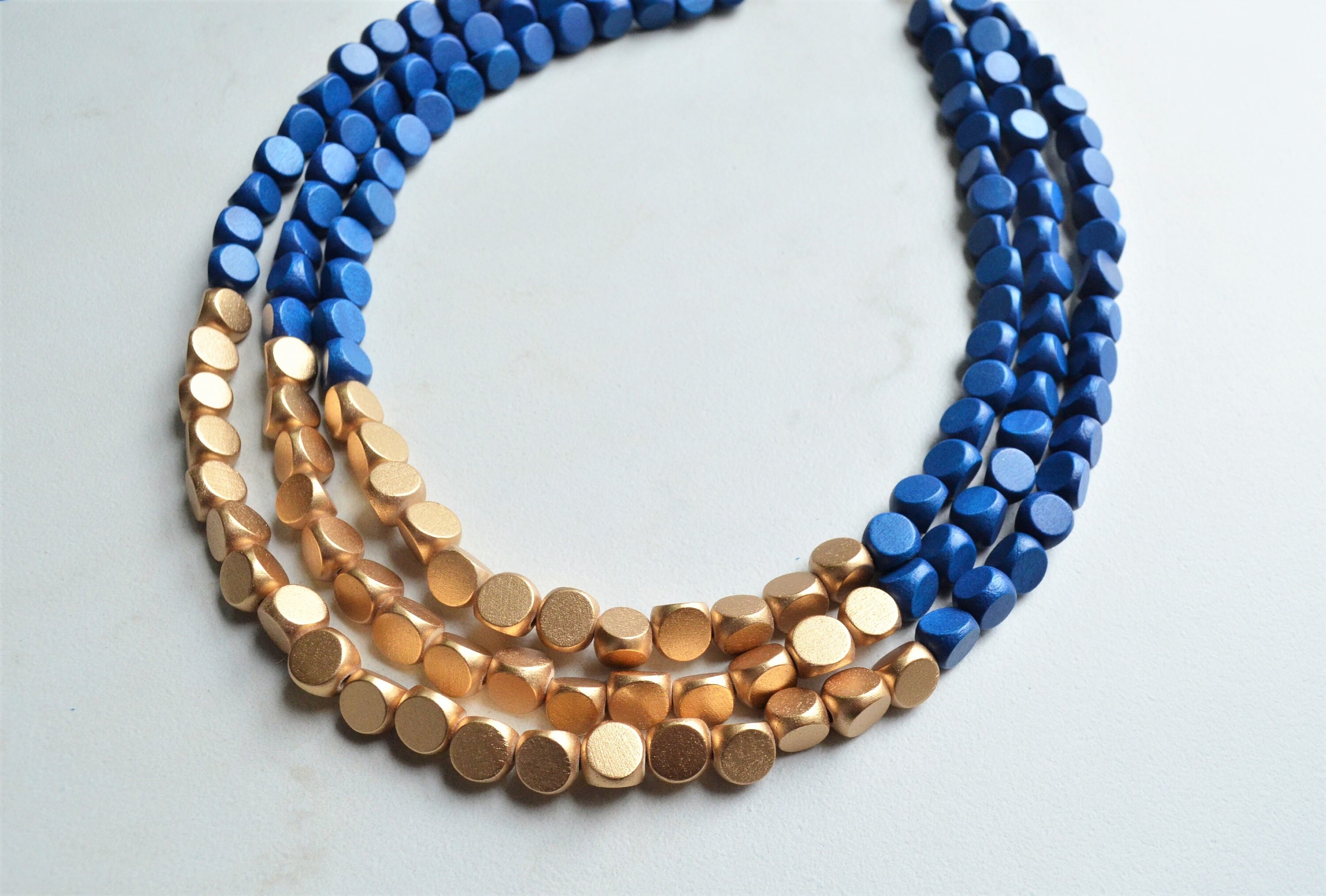 Chunky Statement Necklace Blue & Gold Color Bib Faux Jewels 20” Costume  Jewelry