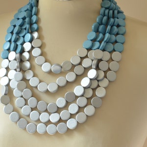 Blue Silver Statement Necklace, Wood Beaded Necklace, Chunky Multi Layer Necklace, Gift For Her - Regan