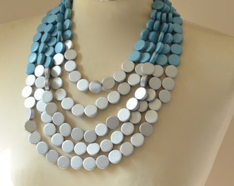 Blue Silver Statement Necklace, Wood Beaded Necklace, Chunky Multi Layer Necklace, Gift For Her - Regan