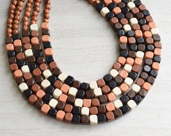 Brown Black Statement Necklace, Wood Bead Necklace, Chunky Multi Strand, Necklace For Women  - Cubist