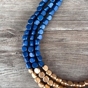 Blue Gold Wood Beaded Multi Strand Statement Necklace - Lisa image 4