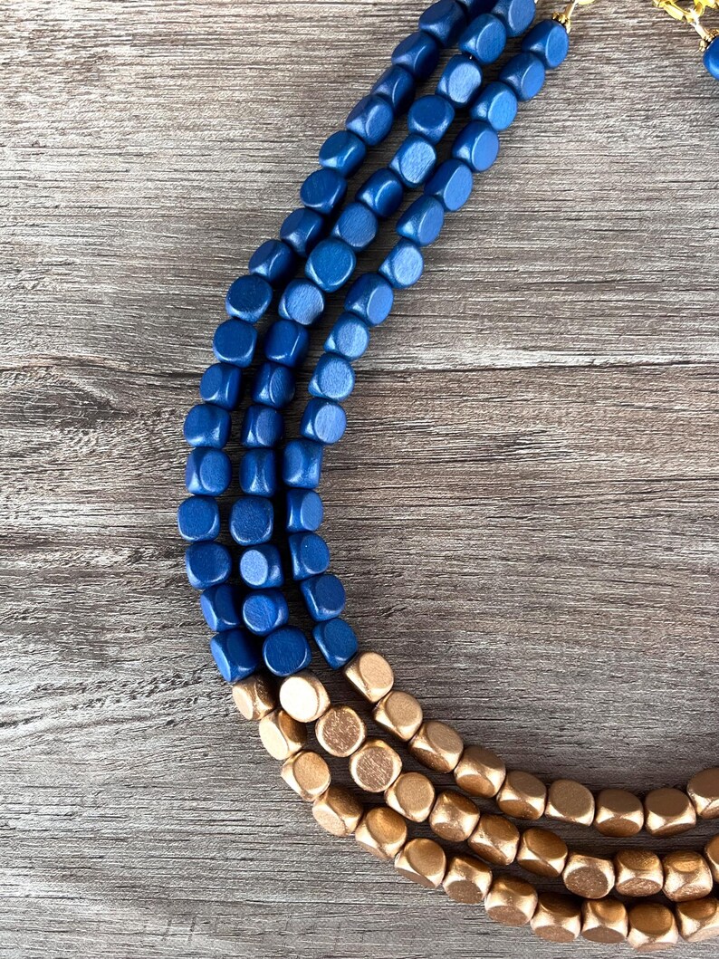 Blue Gold Wood Beaded Multi Strand Statement Necklace - Lisa image 4