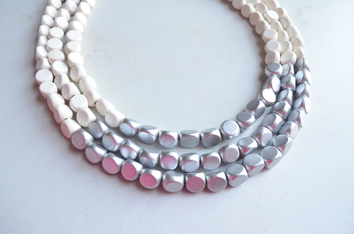 Statement necklace *** layered multi bead wood and white main image 0
