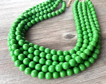 Green Glass Statement Necklace, Chunky Beaded Necklace, Multi Strand Necklace, Gift For Her - Alana