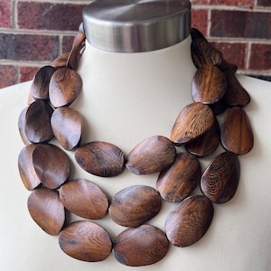 Wood Statement Necklace Brown Beaded Necklace Chunky Multi Strand Necklace Gift For Her Miranda 3