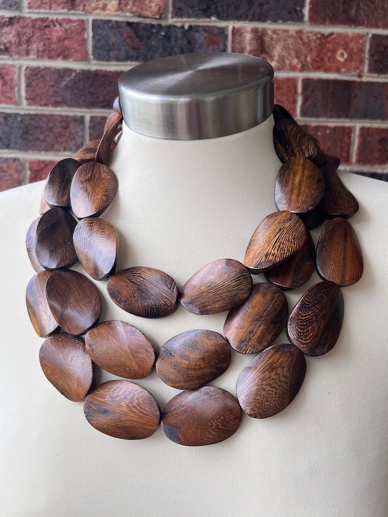 Wood Statement Necklace Brown Beaded Necklace Chunky Multi Strand Necklace Gift For Her Miranda 3