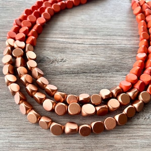 Orange Rose Gold Statement Necklace, Wood Beaded Necklace, Necklace for Women, Chunky Multi Layer Necklace - Lisa
