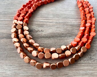 Orange Rose Gold Statement Necklace, Wood Beaded Necklace, Necklace for Women, Chunky Multi Layer Necklace - Lisa