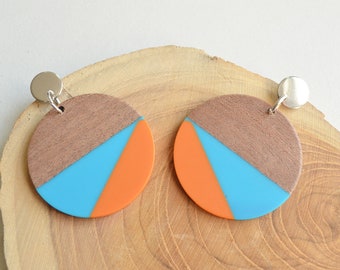 Orange Blue Wood Earrings, Lucite Statement Earrings, Large Geometric Earrings, Gifts For Women - Orville