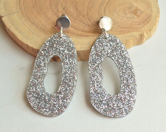 Silver Glitter Statement Earrings, Lucite Big Earrings, Acrylic Large Earrings - Sylvia