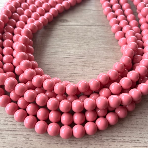 Rose Pink Statement Necklace, Acrylic Bead Necklace, Chunky Multi Strand, Necklace For Women - Alana