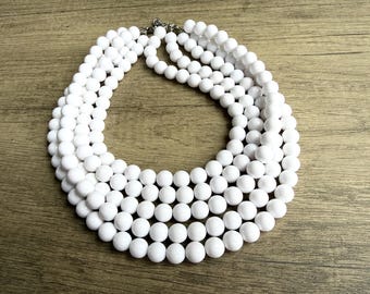 White Big Beaded Acrylic Multi Strand Statement Necklace, Chunky Jewelry - Alana
