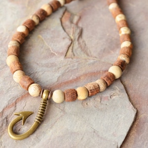 Mens Wood Stone Fishing Hook Necklace, Matte Bead Necklace, Pendant Necklace, Mens Jewelry, Necklace for Man - Angler