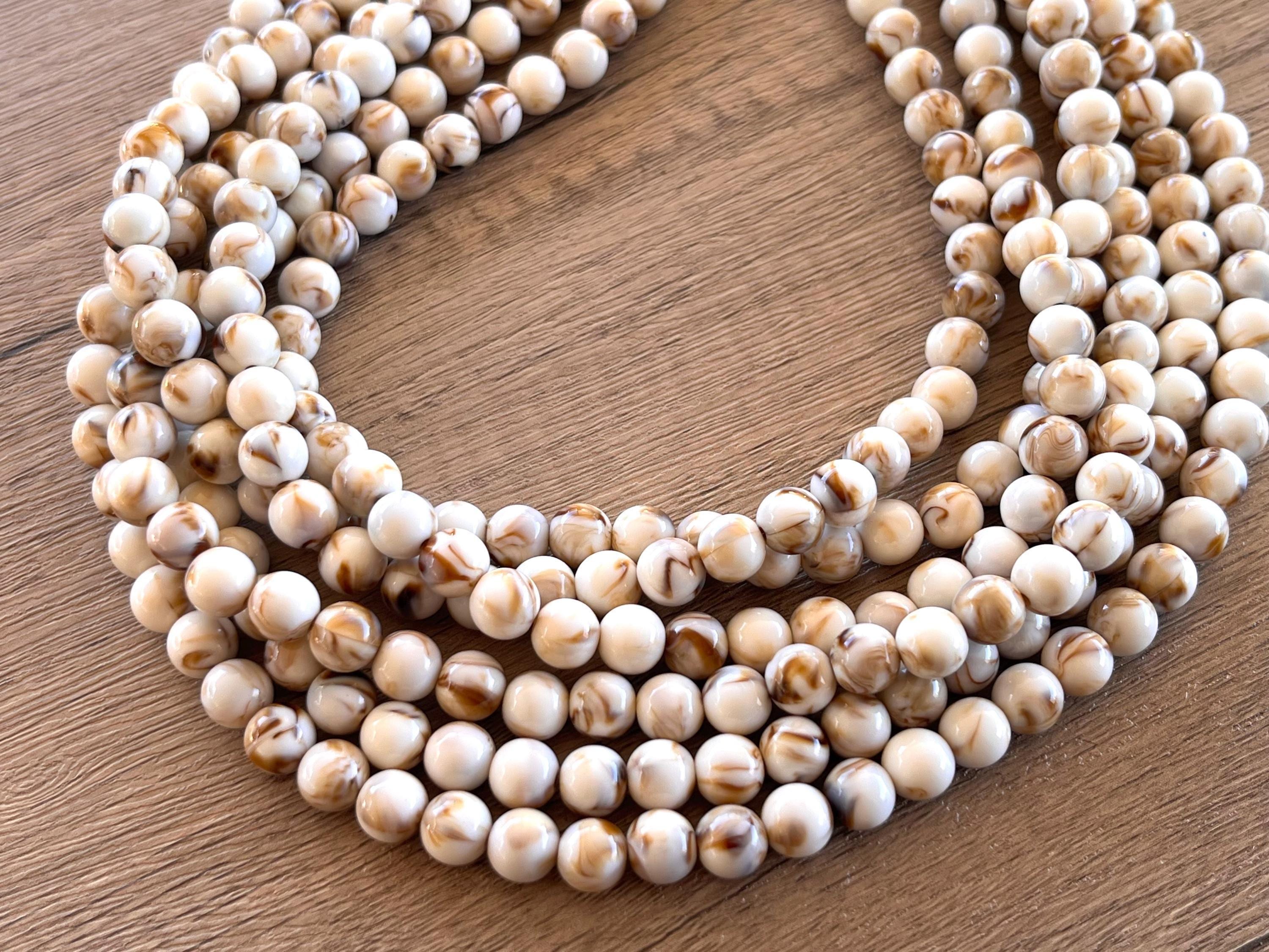 Cream Brown Acrylic Beaded Statement Necklace, Chunky Multi Strand…