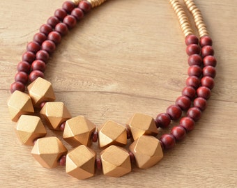 Brown Gold Wood Beaded Statement Necklace, Wooden Jewelry, Chunky Necklace - Riley