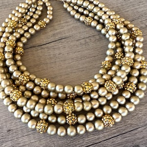 Colar statement com strass dourado fosco e contas, colar grosso com várias voltas - Emma