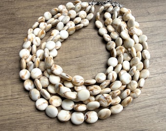 Collana di perline acriliche color crema e marrone, collana a più fili spessa - Missy