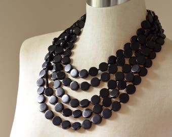 Black Statement Necklace, Beaded Necklace, Wood Necklace, Multi Strand, Chunky Necklace, Gifts For Her - Charlotte