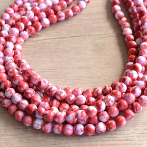 Red White Statement Necklace, Acrylic Bead Necklace, Chunky Multi Strand, Necklace For Women - Alana