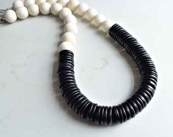 White Black Statement Necklace, Wood Bead Necklace, Chunky Long Necklace, Gift For Her - Elena