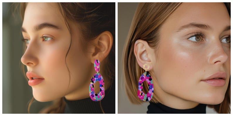 Puede incluir: Un par de pendientes colgantes de forma ovalada con un patr&oacute;n abstracto colorido. Los pendientes est&aacute;n hechos de un material rosa, morado y azul con detalles dorados.