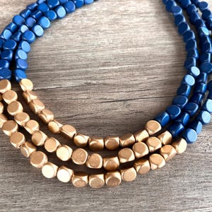 Blue Gold Statement Necklace, Wood Bead Necklace, Chunky Necklace, Gift For Her - Lisa
