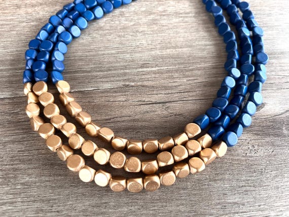 Blue Gold Wood Bead Statement Necklace, Wooden Jewelry, Chunky Multi Strand - Lisa