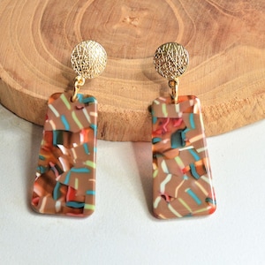 Brown Green Statement Earrings, Colorful Lucite Earrings, Terrazzo Acrylic Earrings, Gift For Her - Nevaeh