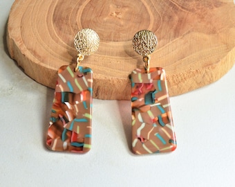 Brown Green Statement Earrings, Colorful Lucite Earrings, Terrazzo Acrylic Earrings, Gift For Her - Nevaeh