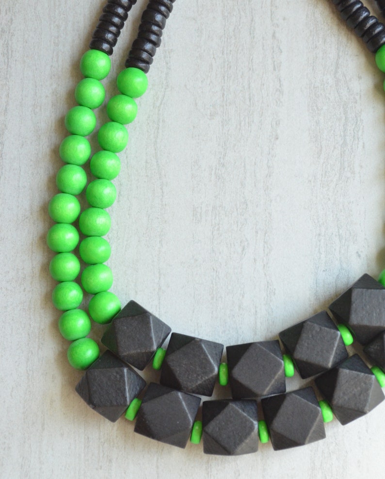 Green Black Statement Necklace Wood Beaded Necklace Multi Strand Chunky Necklace Riley