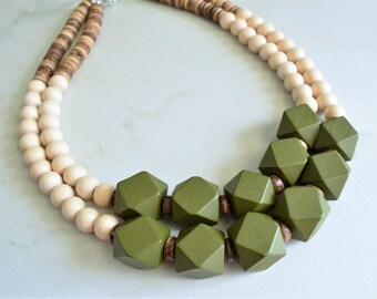 Green Beige Wood Statement Necklace, Wooden Bead Necklace, Chunky Boho Necklace - Riley