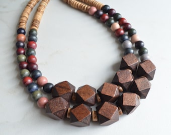 Brown Boho Big Bead Wood Statement Necklace, Chunky Wooden Jewelry - Riley