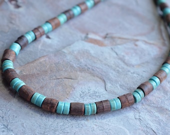 Wood Mens Necklace, Turquoise Bead Necklace, Wooden Necklace, Man Necklace, Gift For Him - Dennis