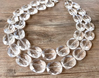 Clear Faceted Acrylic Beaded Statement Necklace, Chunky Lucite Jewelry - Elizabeth